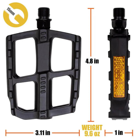Two Set 9/16 Inch Bike Pedals Non Slip Lightweight Durable For Most Adult Bikes And MTBs Ready For City Cruising And Mountain Trails Comfortable Grip And Smooth Spin With EPB Bearing System showing dimensions 3.11 x 4.8 inches and weight 9.6 oz.
