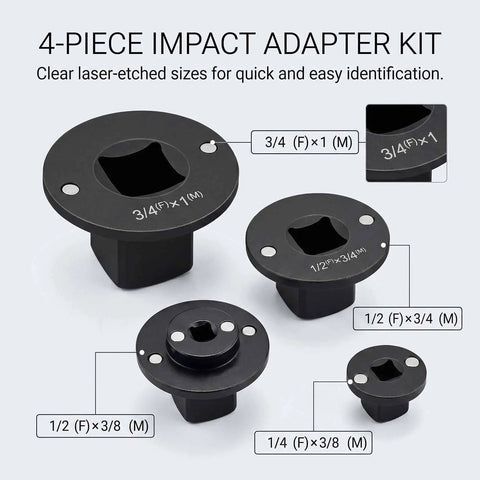 Ultra Low Profile Impact Socket Adapter Set 4 Pcs Magnetic Drive Reducer Kit Fits Tight Spades For Auto Repair Heavy Duty Sizes Including 1 Inch To 3/4 Inch And More. 4-piece black steel adapters