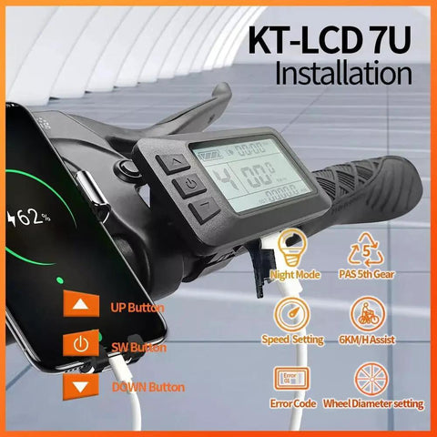 Dope Waterproof LCD Bicycle Display Meter For E Bikes With Waterproof Connector And USB Charge Port, showing installation