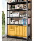 Heavy Duty Five Tier Metal Shelving Unit With Sturdy Adjustable Racks For Garage And Warehouse Sorting, 54 inch wide, black steel with stored items.