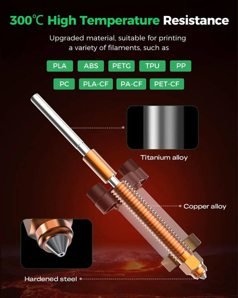 K2 Ceramic Hotend Kit With Quick Swap Nozzle for 3D Printers showing 300°C resistance and high-temp copper alloy design.