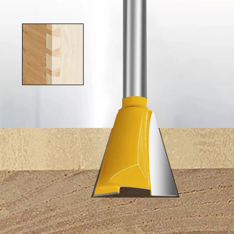 Hella Durable Six Piece Dovetail Router Bit Set Quarter Inch Shank showing a close up of a cutter head designed for precision woodworking.