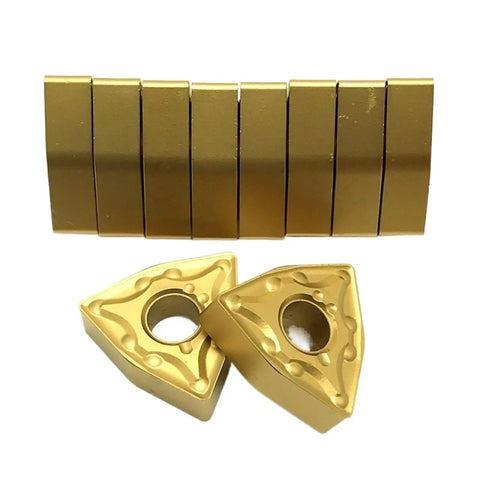 Solid Carbide Turning Indexable Insert Holder For Metal Lathe And CNC External Cutting Tools WNMG080408 showing gold inserts.