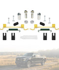 Premium Rear Parking Brake Hardware Kit For Ford F150 F250 F350 And Ram Trucks To Fix Your Brakes Smoothly Without Any Hassle Or Woes. Rear brake springs, pins, clips, and levers laid out above a Ford truck.