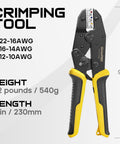Wire Crimping Tool For Insulated Electrical Wire Connectors AWG 22 To 10 9 Inch Crimping Pliers With Precision Ratchet And Heat Shrink Die Yellow And Black Handle Pro Grade Crimp Tool.