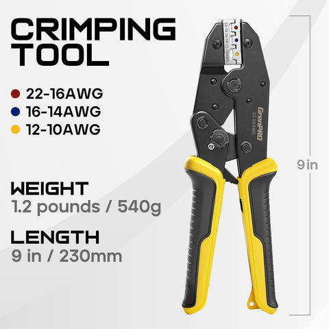 Wire Crimping Tool For Insulated Electrical Wire Connectors AWG 22 To 10 9 Inch Crimping Pliers With Precision Ratchet And Heat Shrink Die Yellow And Black Handle Pro Grade Crimp Tool.