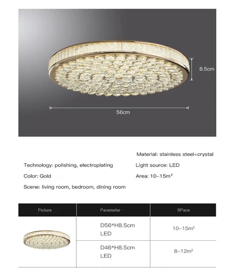 Round Mounted Crystal LED Ceiling Chandelier Light For Living Room Bedroom Study Hallway Sleek Modern Indoor Lighting Fixture With Lit Glow And Easy Mounting, gold finish, stainless steel, crystal accents, ceiling mount, dimensions 56cm x 8.5cm, suitable for 10-15m² space.