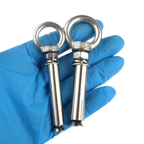 Beefy Heavy Duty Concrete Wall Eyebolt Anchors Set, 6 Pcs Expansion Eyebolts M6x70mm In 304 Stainless Steel, held in gloved hand