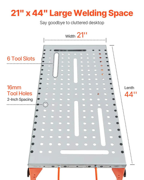Solid Gear Foldable Welding Table 44 X 21 Inch Carbon Steel Workbench with tool slots and holes for efficient welding.