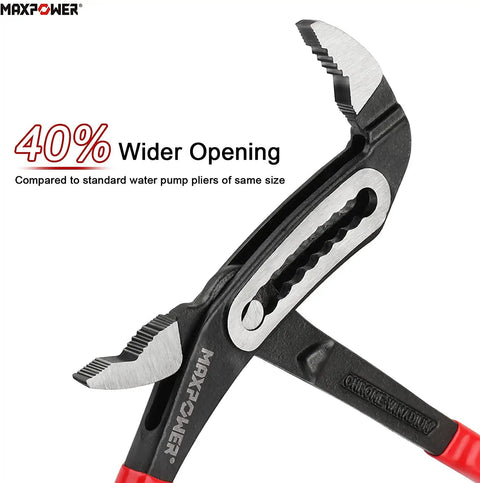 Close-up of red-handled water pump pliers showcasing 40% wider opening, curved jaws, black phosphate finish for plumbing tasks.