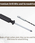 Premium drill bits and screwdriver made of high carbon steel for wood drilling use, shows a sleek black handle and a bit.