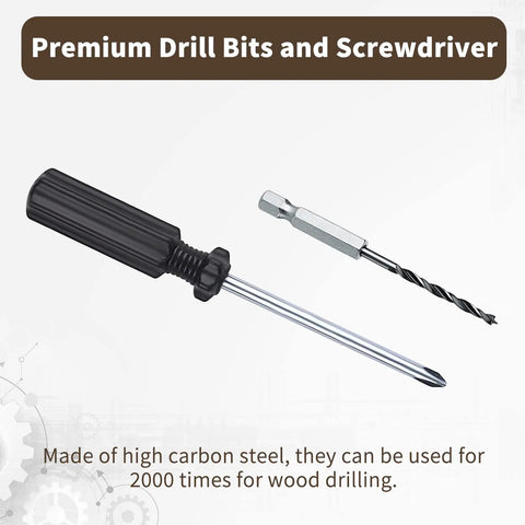 Premium drill bits and screwdriver made of high carbon steel for wood drilling use, shows a sleek black handle and a bit.