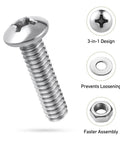 10-32 Pan Head Machine Screws With Nuts And Flat Washers Kit, 304 Stainless Steel Full Thread Assortment, Phillips Drive