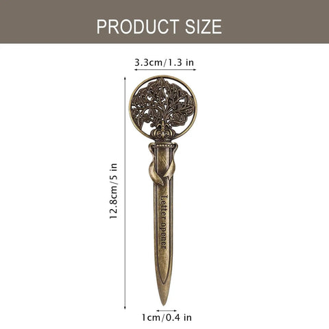 Bronze finish tree-shaped letter opener from Antique Metal Letter Opener Set Pack Of 3 With Gift Box. Size details included.