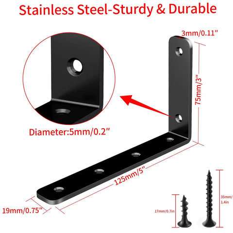 Heavy Duty Stainless Steel L Brackets Five Inch By Three Inch Corner Supports Rust Proof Black Shelf Braces Built Tough close-up with dimensions.