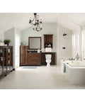 Bathroom with wooden cabinetry, bathtub, and chandelier, featuring Four Light Pendant In Brushed Nickel Finish With White Silk Mylar Shade