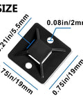 Three Quarters Inch Black Cable Zip Tie Mounts With Adhesive Backing showing size dimensions and screw holes detail