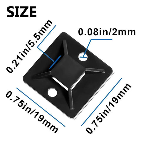 Three Quarters Inch Black Cable Zip Tie Mounts With Adhesive Backing showing size dimensions and screw holes detail