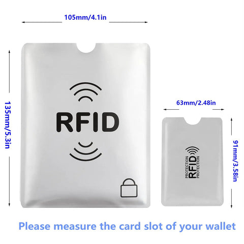 RFID Blocking Sleeves Set With 16 Pieces 10 Credit Card Holders And 4 Passport Protectors waterproof design dimensions shown