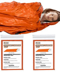 Two Pack Emergency Sleeping Bags Survival Gear For Cold Weather with person in Mylar bivy sack and packaging