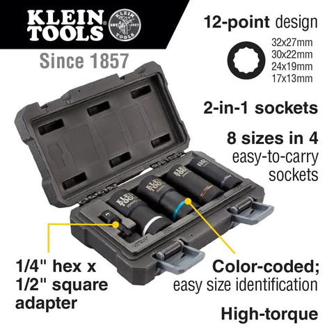 Impact Socket Set For One Half Inch Drive Metric 12 Point Deep Sockets Self Adjusting Between Sizes Four Sockets Cover 32 X 27 Mm