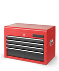 Red two piece rolling tool chest cabinet with four drawers, heavy duty steel garage organizer, lockable and powder coated for rust resistance.