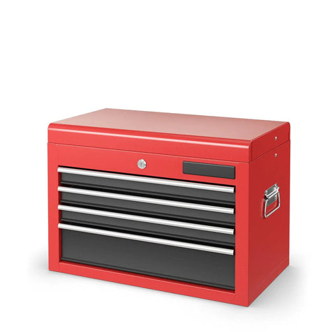 Red two piece rolling tool chest cabinet with four drawers, heavy duty steel garage organizer, lockable and powder coated for rust resistance.