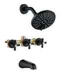 Three-Handle Tub And Shower Faucet Set In Dope Matte Black With 6-Inch Shower Head, Tub Spout, And Three Knobs Trim Kit image