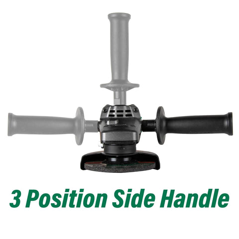Powerful 4-1/2 Inch Angle Grinder With 12 Amp AC Brushless Motor, Variable Speed, showing 3-position side handle design
