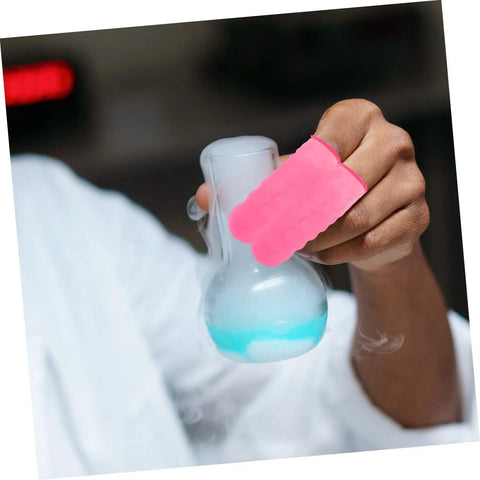 Image of Badass 100 Pc Antistatic Latex Finger Sleeves used to grip a flask in a lab setting, providing sweat-free cushioning.