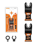 Heavy Duty Two Pack Carbide Oscillating Multi Tool Blades With Black Ice Coating For Zero Friction Cuts Through Lumber Plywood Tile And Hardened Surfaces Gear Up Your Toolbox Today, shown with packaging and accessories.