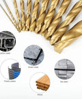 Heavy Duty 99 Piece Drill Bit Set For Steel Wood And Aluminum Alloy With Sturdy Carry Case Top Shelf Power Tool Accessory shown with various materials.