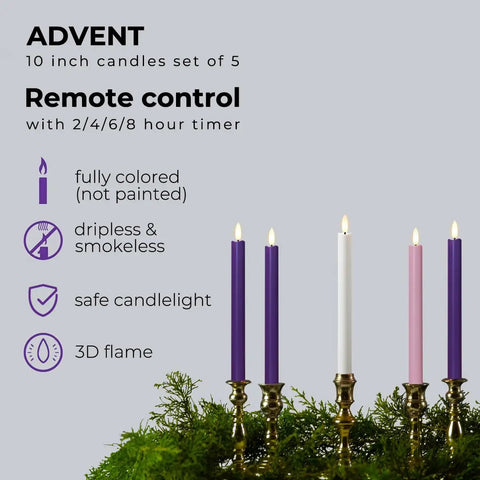 Flickering Flameless Taper Candles With Remote, 10 Inch LED Candlesticks set in brass holders with greenery