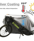 Heavy Duty Bicycle Cover For Outdoors All Weather Waterproof And Heat Resistant Ideal For Ebike Battery Or Rain Cover Includes Large Mesh Bag For Easy Travel 29 Inch Large Fit One Bike, showing silver coating and temperature reduction graphics.