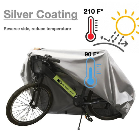 Heavy Duty Bicycle Cover For Outdoors All Weather Waterproof And Heat Resistant Ideal For Ebike Battery Or Rain Cover Includes Large Mesh Bag For Easy Travel 29 Inch Large Fit One Bike, showing silver coating and temperature reduction graphics.