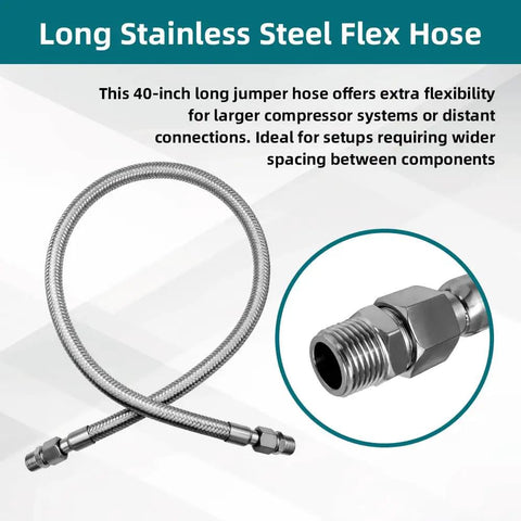 40 Inch Half Inch NPT Compressor Jumper Hose With Stainless Steel Braided Flex 304 Stainless Exterior 750F High Temp 450 PSI