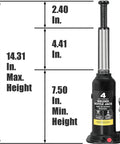 4 Ton Welded Hydraulic Car Bottle Jack For Auto Repair And Home Lifts, 8,000 Lb Capacity, dimensions labeled next to jack