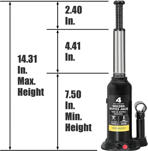 4 Ton Welded Hydraulic Car Bottle Jack For Auto Repair And Home Lifts, 8,000 Lb Capacity, dimensions labeled next to jack