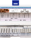 Non Insulated Butt Connectors Kit Tin Plated Red Copper Crimp Terminals For Automotive Marine Truck Wiring Includes 3 Wire Gauge Sizes AWG 4 6 8 Easy Crimp Splice Kit DIY Ready in a plastic case, showing wire gauge sizes on a label.