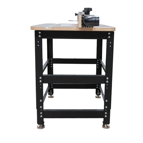 Kick Start Your Workshop With This Tight Router Table Package Featuring A Zero Wiggle Heavy Duty Stand Full Size Plycore Surface Precision Align Plate And Smooth Gliding Pro Fence, showcasing a heavy-duty router table with a plywood top and sturdy metal stand.