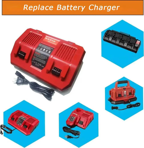 Red Two Bay 18V Lithium Battery Charger with Lightning Fast One Hour Charge, multiple angles and plug visible.