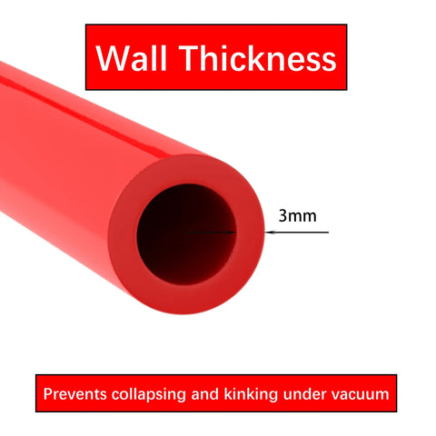 Close-up of Red 10mm ID Silicone Vacuum Tubing Hose, Five Feet Long, 16mm OD, with 3mm wall thickness, prevents collapse under vacuum