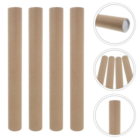 Four kraft paperboard poster tubes with plastic caps, part of 10 Pack Kraft Paperboard Poster Tubes With Plastic Caps, 50mm Inner Diameter And 40cm Length, Durable Mailing And Storage Tube Mailers For Blueprints, Artwork, Posters, Diagrams, And Craft Supplies.