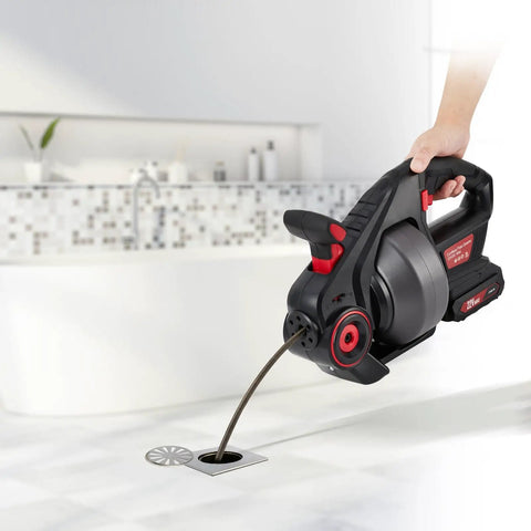 Pro Level Cordless Drain Auger 25 Ft Heavy Duty Plumbing Snake 18 V Battery clearing a drain in a bathroom sink.