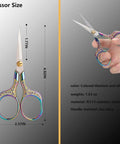 Front view of small sewing scissors with rainbow titanium handles; 4.92 in overall length, 1.77 in blade