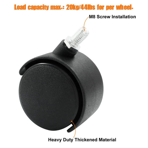 2 Inch Swivel Caster Wheels Set Of 4 With Black Nylon M8 Threaded Stem close-up, showing load capacity and installation details.