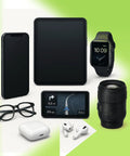 Assortment of electronics including tablet, phone, smartwatch, GPS, camera lens, glasses, and earbuds on green background.