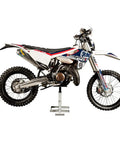 Height Adjustable Dirt Bike Lift Stand For Off Road And Motocross Maintenance 9 To 17.5 Inches Lift beefy stable steel frame with motorcycle