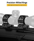 Heavy Duty Rock Solid One Inch Scope Rings For Rifle Scopes With Lockdown Picatinny Rail Base mounted on a rifle scope.