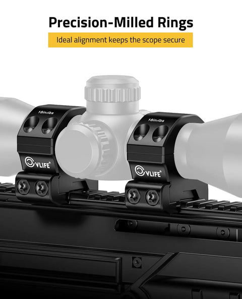 Heavy Duty Rock Solid One Inch Scope Rings For Rifle Scopes With Lockdown Picatinny Rail Base mounted on a rifle scope.